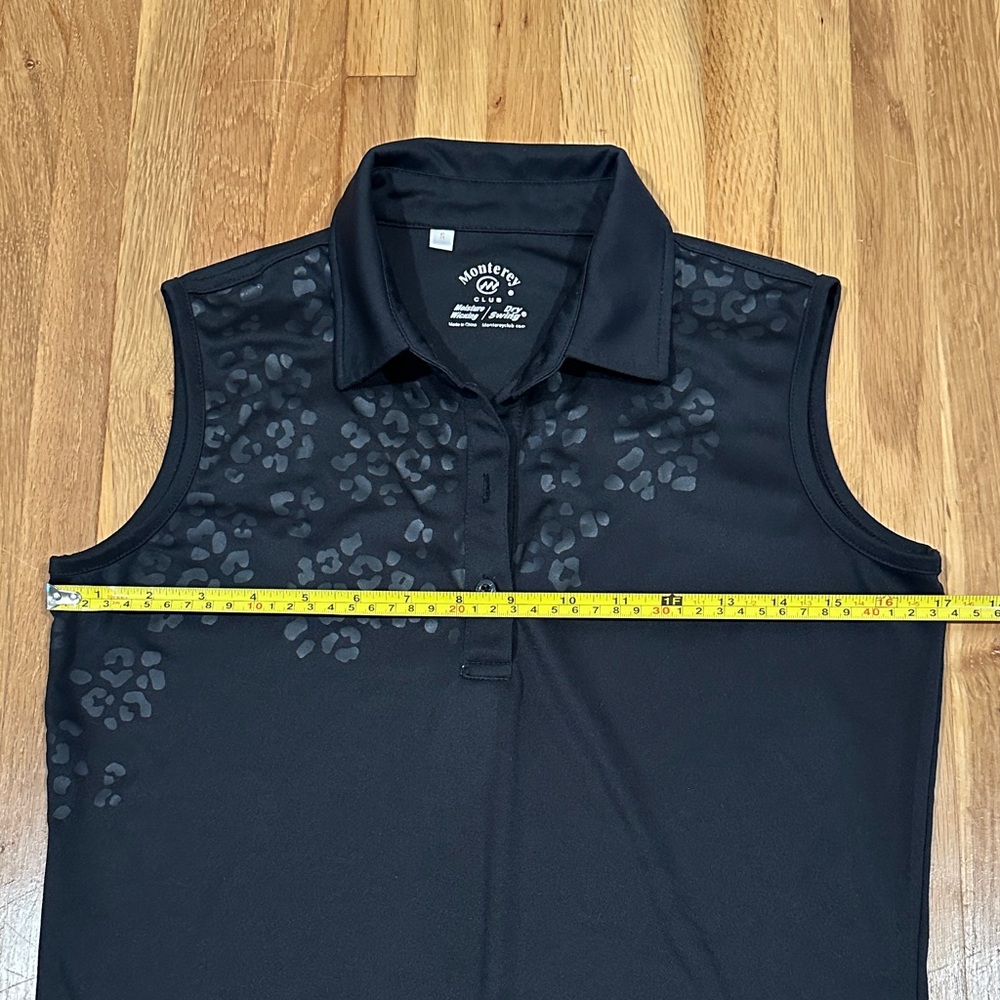 *last chance* Monterey Club | Women's Black Sleeveless Polo Top, cheetah accent - Picture 8 of 12
